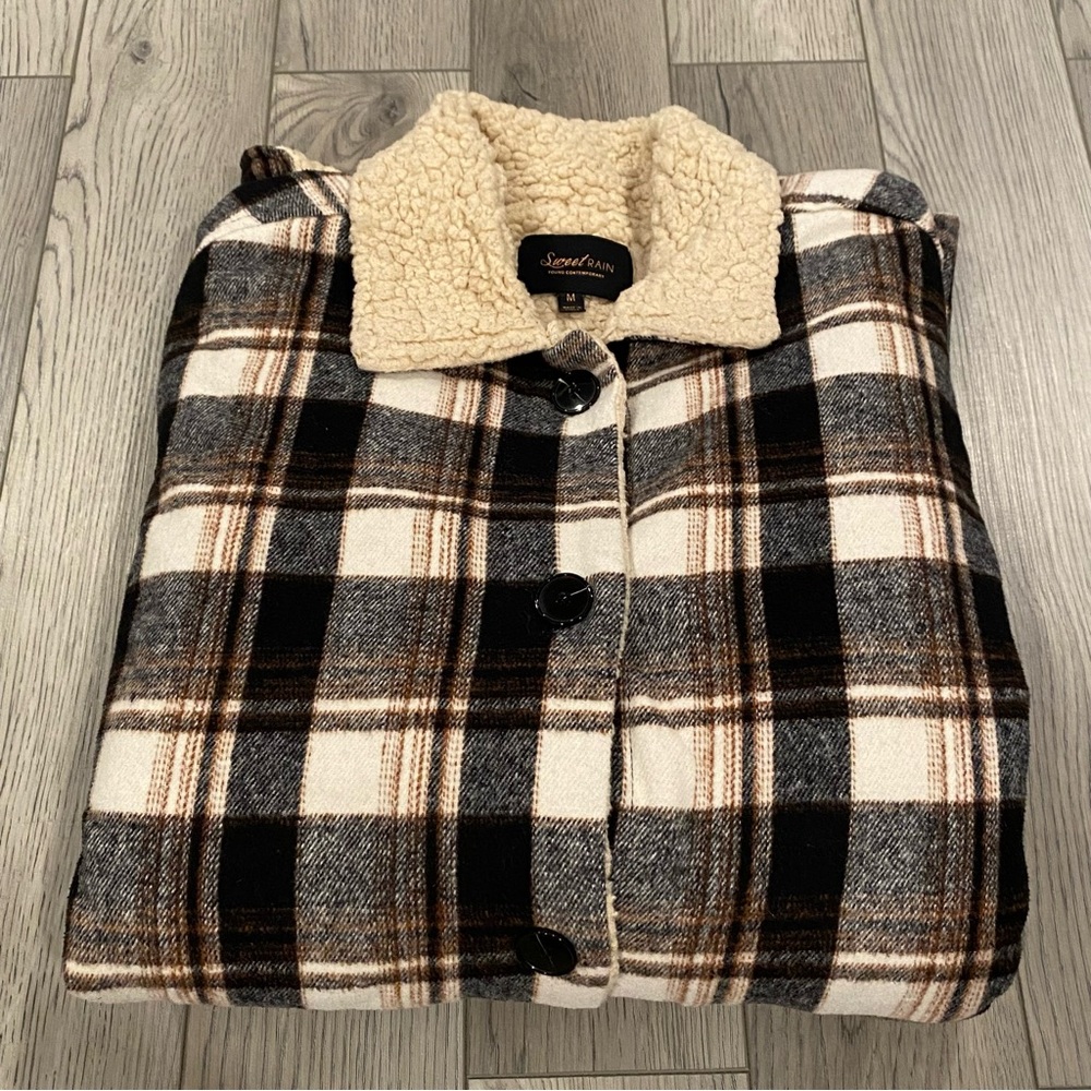 Sweet Rain Long Fleece Lined Jacket Shacket Coat Women’s M Plaid Button Pockets - Picture 13 of 13
